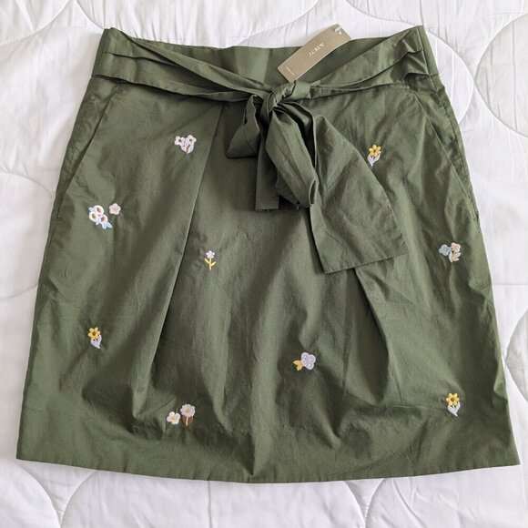 J. Crew Skirt Size 4 Olive Green Mini Embroidered Floral Tie-Waist NWT G9054 - Picture 13 of 16